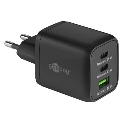 Image de Goobay 64753 Chargeur Rapide multiport USB C PD Nano (65 W) / 2 x 1 A Quick Charge/Adaptateur Secteur pour câbles de Charge iPhone et Autres téléphones Mobiles/Noir