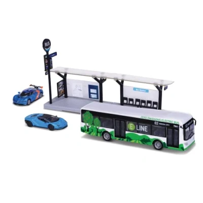 Image de BBURAGO 1/64 TRANSPORTS PUBLICS Playset City Bus + Station 2 véhicules , Bleu Ou Vert