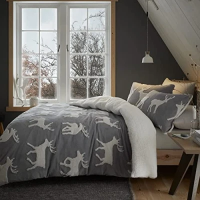 Image de Catherine Lansfield Parure de lit avec Housse Couette et taies d&#039;oreiller Motif cerf Gris King Size