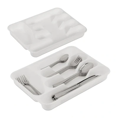 Image de Relaxdays Bac à Couverts pour tiroirs, Lot de 2, HxLxP: 4 x 24,5 32,5 cm, 5 Compartiments, Plastique, Blanc