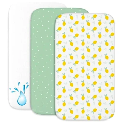 Image de Drap Housse Cododo (Set de 2) + 1 Protège Matelas Impermeable avec Elastique 3 en Taille 55x90 cm Compatible Berceaux, Lit Bebe pour Fille et Garçon Motif Citron