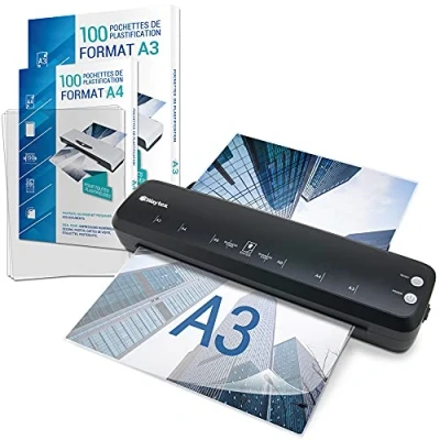 Image de Plastifieuse A3 A4 A5 A6 A7 Pro Rapide à Chaud et Froid jusqu’à 2x125 microns pour Usage Bureau ou Maison Pack avec 100 Pochettes +