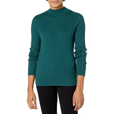 Image de Amazon Essentials Pull Torsadé Léger Coupe Classique à Manches Longues et Col Montant Femme, Vert Forêt, L