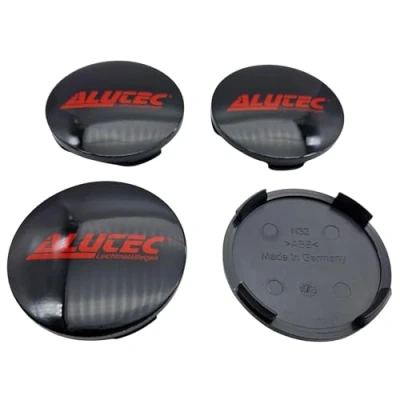 Image de Alutec Lot de 4 cache moyeux 64 mm noir brillant (N32) avec logo rouge Couvercle jante d&#039;origine