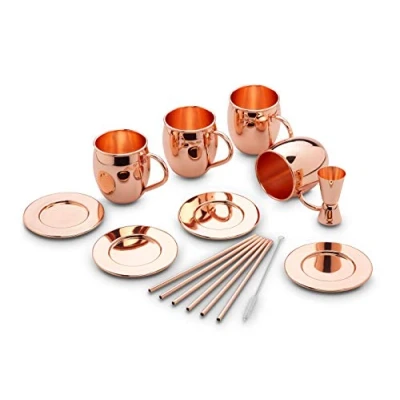 Image de ECHTWERK Moscow Mule Set de 13 gobelets en cuivre fabriqués acier inoxydable comprenant 4x 500ml, dessous verre, pailles et 1x gobelet doseur 2cl/4cl