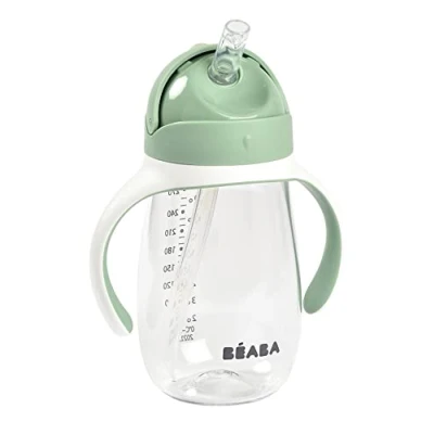 Image de Béaba Biberon/Tasse d&#039;apprentissage 2 en 1, Tasse Paille Enfant, 100 Pour cent étanche, Anti fuite, Facile à Ouvrir, Poignées amovibles, Tritan et Silicone, 300 ml, Vert Sauge, 1 Unité