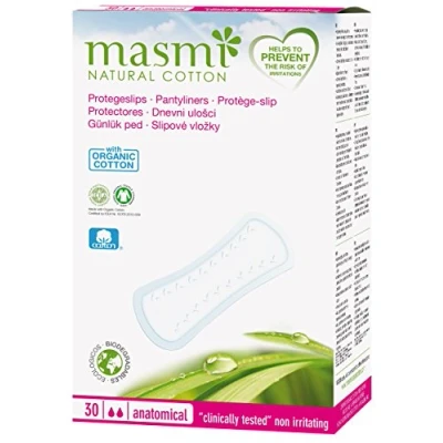 Image de Masmi Protège slips anatomiques en coton bio pour écoulement léger, hypoallergénique, biodégradable, sans parfum, viscose, rayonne, chlore et dioxines (30)