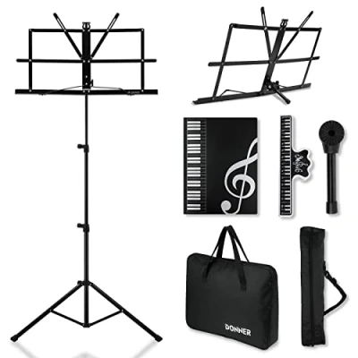 Image de Donner Music Stand Sheet 2 in 1 Double Usage Tabletop Book DMS Portable Pliant Léger Support Musique pour Guitare, Ukulélé, Violon Noir avec Sac