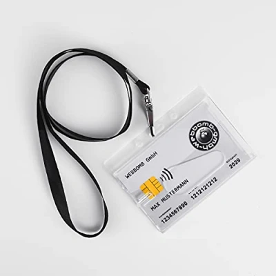 Image de Porte carte d&#039;identité en plastique rigide avec ouverture pour le pouce d&#039;identité, cartes étui de protection transparent + cordon tour cou à 360 Noir