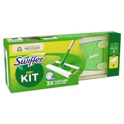 Image de Swiffer Kit de démarrage comprenant 1 serpillère + 2 chiffons secs pour le sol, absorbe 3 fois plus poussière et poils