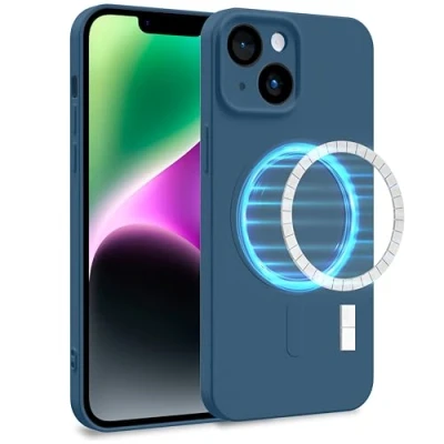 Image de MyGadget Coque Silicone [ Compatible avec MagSafe ] Apple iPhone 14 Case TPU Souple &amp; Soft Doublure Microfibre Cover Protection Bleu Foncé