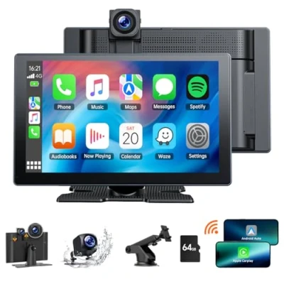 Image de Volam 9 Pouces Ecran Carplay Voiture avec Dashcam Avant 4K, Caméra de Recul 1080P, Autoradio Apple Sans Fil Android Auto Bluetooth 5.0, GPS,Assistant Vocal,Lien Miroir,AUX,FM,64G TF Carte