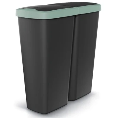 Image de Monzana® Double poubelle cuisine 2x25 litres 2 compartiments couvercle bouton corbeille papier bureau déchets bio tri sélectif recyclage noir vert