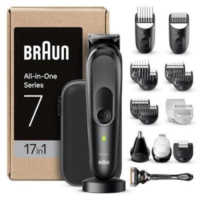 Image de Braun Tondeuse Tout en Un Series 7 MGK7470, 17 1, Kit Styling Pour Hommes, Barbe, Cheveux Et Plus, Rasage Du Corps Avec Une Lame Ultra Affutée, Sabots Sourcils Zones Sensibles, Étanche