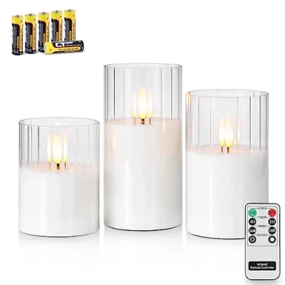 Image de Rhytsing Lot de 3 Bougies Blanches à LED en verre Striés Classiques avec Télécommandes, Piliers pour Noël, H10cm/ 12.5cm/ 15cm