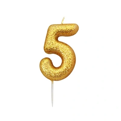 Image de Anniversary House AHC90/5 Bougie à paillettes dorées métallisées en forme de chiffre 5 pour décoration gâteau d&#039;anniversaire 7 cm