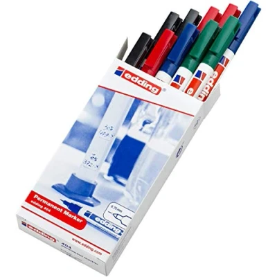 Image de edding 404 Marqueur permanent noir, rouge, bleu, vert 10 stylos pointe ronde fine,75 mm sèche vite, résiste à l&#039;eau et aux frottements pour carton, plastique, bois, métal, verre