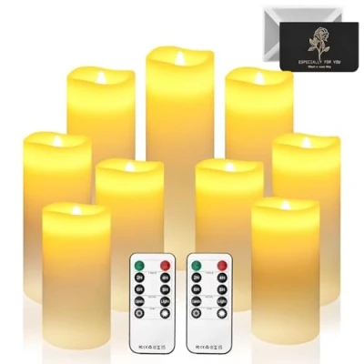 Image de UCAMP Bougies à LED Lot de 9,Bougies sans Flamme (13/14/16/18/20/22cm),Bougies Piles Pilier, Clignotante,Bougie avec 2 télécommande et fonction minuterie
