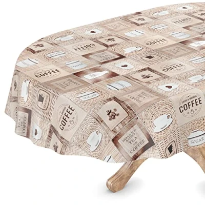 Image de Nappe de table en toile cirée lavable, ovale, bord coupé, motif café, facile d&#039;entretien, 140 x 160 cm