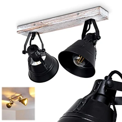 Image de Deckenleuchte Berkeley, verstellbare Deckenlampe aus Metall/Holz in Schwarz, 2 flammig, Lampenschirme dreh u. schwenkbar, x E27 Fassung, Spot im Retro Design, ohne Leuchtmittel