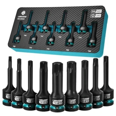 Image de LIBRATON Jeu de Douilles Torx Embouts à Chocs, Entraînement 1/2&quot;, Acier S2, Lot 9 T30 T80, Embouts, Chocs Torx, Stockage XPE, Outil Réparation