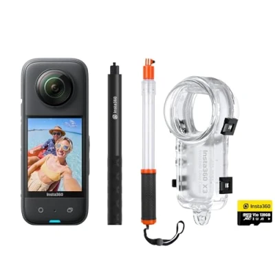 Image de Insta360 X3 Kit de plongée pour caméra d&#039;action 360 degrés Comprenant : étui Invisible 50 m + Perche à Selfie Flottante Transparente 128 Go