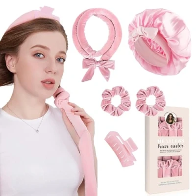 Image de Boucle Sans Chaleur, Set Boucles Chaleur avec Bonnet Cheveux,Bandeau de bigoudis Chaleur,Bigoudi Cheveux Sommeil Doux pour Moyens et Longs Rosa