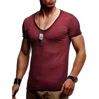 Image de Leif Nelson T shirt ample et avec col en V profond Basic ln6280LN6280 rouge XL
