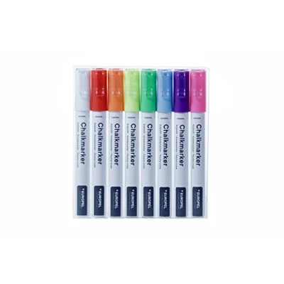 Image de Europel Marqueur craie, à encre liquide, pointe de 3 mm, pour surfaces non poreuses Lot 8 feutres multicouleurs effaçables sec ou humide tableaux noirs, ardoise, panneaux, fenêtres