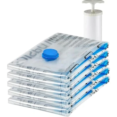 Image de Amazon Basics de rangement sous vide avec pompe manuelle, Fermeture éclair, lot 5, Taille Moyen, Blanc, Bleu