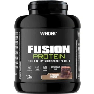 Image de Weider Fusion Protein (1,2kg) Goût Chocolat Brownie. Formule Complète avec 4 Sources de Protéines Qualité, Animales &amp; Végétales, 22g + 4,3g BCAA/dose, Sans Sucre Ajouté, Aspartame