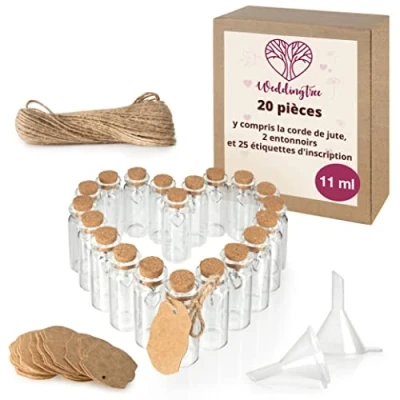 Image de WeddingTree 20 Petite Bouteille en Verre 11ml Tube a Essai pour les Mariages Fiole Set avec Liège et Pendentif Forme de Coeur Comme Cadeau Cariage, Bocal à Épices