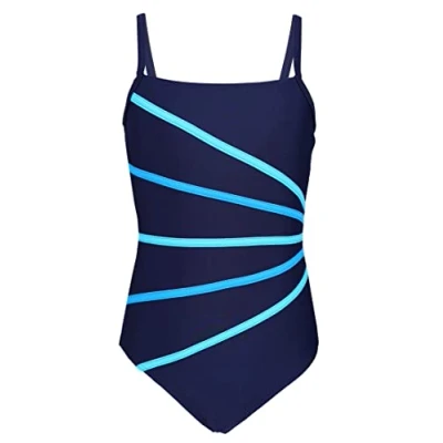 Image de Aquarti Maillot de Bain Natation Une Pièce pour Fille Bandes, Bleu Foncé/Turquoise/Bleu Ciel, 164