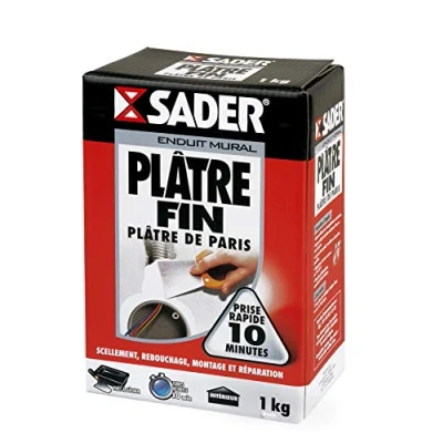 Image de Sader Plâtre Fin de Paris Scellement, Rebouchage, Montage et Réparation Tous Supports Intérieur Prise Rapide 10 Minutes 1 Boîte Carton kg, Blanc