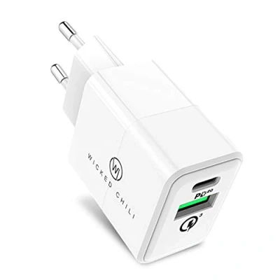 Image de Wicked Chili 20W Chargeur USB Double avec QC3.0 et C PD Rapide Compatible iPhone 14, 13, 12 (Pro, Max, Plus, Mini), MagSafe Charger, &amp; QC 3.0 Dual Port Charging Adapter