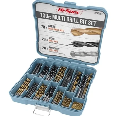 Image de Hi Spec Coffret de 130 Forets Hélicoïdaux HSS Revêtus Titane (1 10mm) Kit Perçage Polyvalent Metaux, Bois et Plastique Foret Metal avec Boîte Rangement Robuste