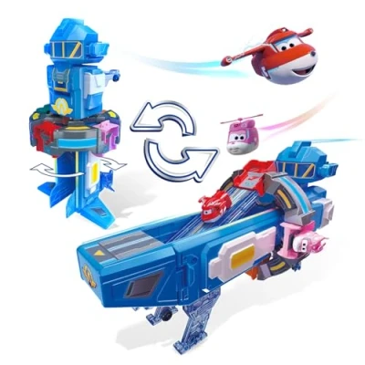 Image de Super Wings 2 en 1 Base Spatiale avec Avion Transformateur Jett et Dizzy, Jouets pour Filles garçons de 3 4 5 6 7 8 9 10 Ans, Bleu