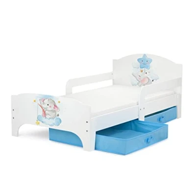 Image de Leomark Smart Moderne Lit d&#039;enfant Toddler 140x70 Blanche Simple avec Un Tiroir, pour Enfant Rangement et Matelas, Tiroir en Textile 2 Pièces
