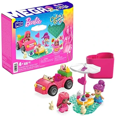 Image de MEGA Barbie Coffret de Construction Road Trip en Décapotable avec 2 Mini poupées Color Reveal 3 Parties à Assembler, 60 Briques et Accessoires, Jouet Enfant, Dès 4 Ans, HKF90