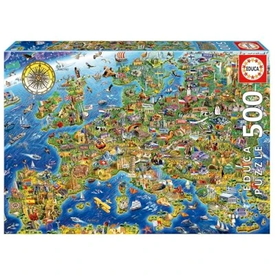 Image de Educa Puzzle de 500 pièces pour Enfants et Adultes La Folle Carte d&#039;europe. Comprend Fix Tail l&#039;accrocher Une Fois l&#039;assemblage terminé. À partir 11 Ans (17962)
