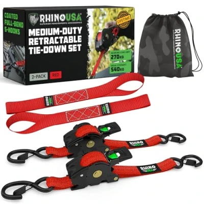 Image de Sangles d&#039;arrimage à cliquet rétractables (Paquet de 2) résistance la Rupture maximale 540 kg, Comprend (2) Auto 2.5 cm x 3 m avec poignées rembourrées Rouge