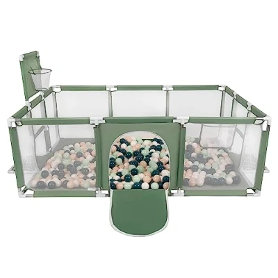 Image de Selonis Parc Bébé Avec 100 Balles Plastiques Aire De Jeu Pliable Basket Football, Vert : Turquoise Foncé/Beige Pastel/Blanc/Menthe