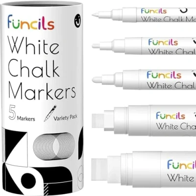 Image de Funcils Blanc Marqueurs à Craie Lot de 5 Stylos Effaçables sec Blancs pour Tableau Noir, Toile, Fenêtres, Verre Pack Variétés Pointes Fine et Géante (1mm, 3mm, 6mm, 10mm, 15mm)