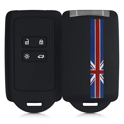 Image de kwmobile Accessoire Clé de Voiture Compatible avec Renault Smart Key 4 Bouton (Keyless Go Uniquement) Coque en Silicone Souple Embout Porte Union Jack Rouge Bleu Noir