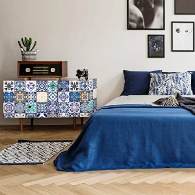 Image de Ambiance Stickers Adhésif Meuble Carreaux de Ciment Sticker Autocollant Carrelage Décoration pour Tables Armoires Commodes Étagères Roberto 60 Tiles 10x10 cm