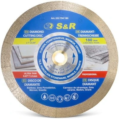 Image de S&amp;R Disque Diamant Carrelage 180 x 25,4 10mm. Extra fin (1,6 mm épaisseur). Meule Scie de Table à tronçonner Porcelaine, Carrelage, Grès cérame, Marbre, Granit