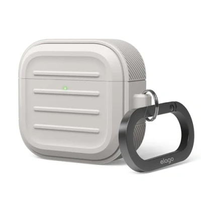 Image de elago Coque Armor Compatible avec l&#039;étui AirPods 4e Génération 4, Mousqueton Inclus, la Charge sans Fil, Résistant aux Chocs, Protection Totale (Stone)