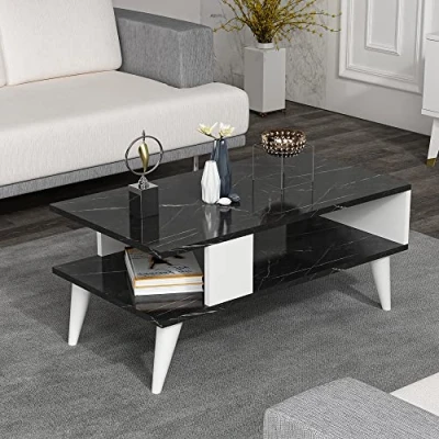 Image de [en.casa] Table Basse Design Rectangulaire pour Salon avec Surface de Rangement Panneau Particules Mélaminé Bois 40 x 90 45 cm Marbre Noir Blanc