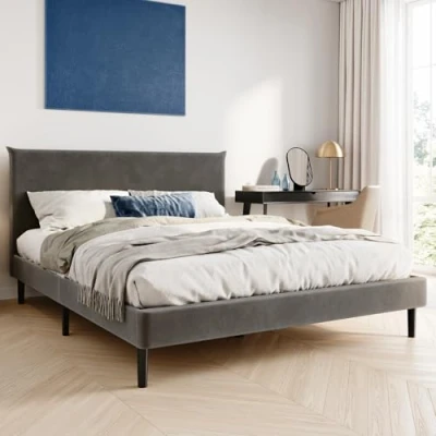 Image de lit 160 x 200 cm et cm, rembourré, avec sommier à lattes, cadre de lit, double housse en velours doux tête rembourrée, robuste, confort couchage élevé Gris