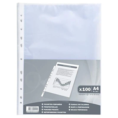 Image de Exacompta Réf. 5111E Sachet de 100 pochettes perforées Economique en Polypropylène Grainé Epaisseur 4/100ème Perforation universelle 11 trous Format à classer A4 Incolore